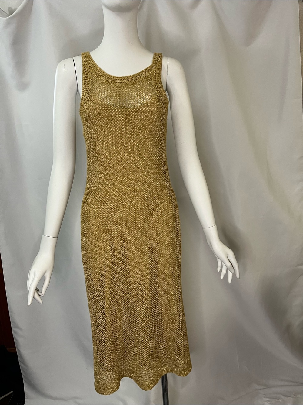 Lauren Ralph Lauren Gold Metallic Crochet Knit Lined Sleeveless Dress